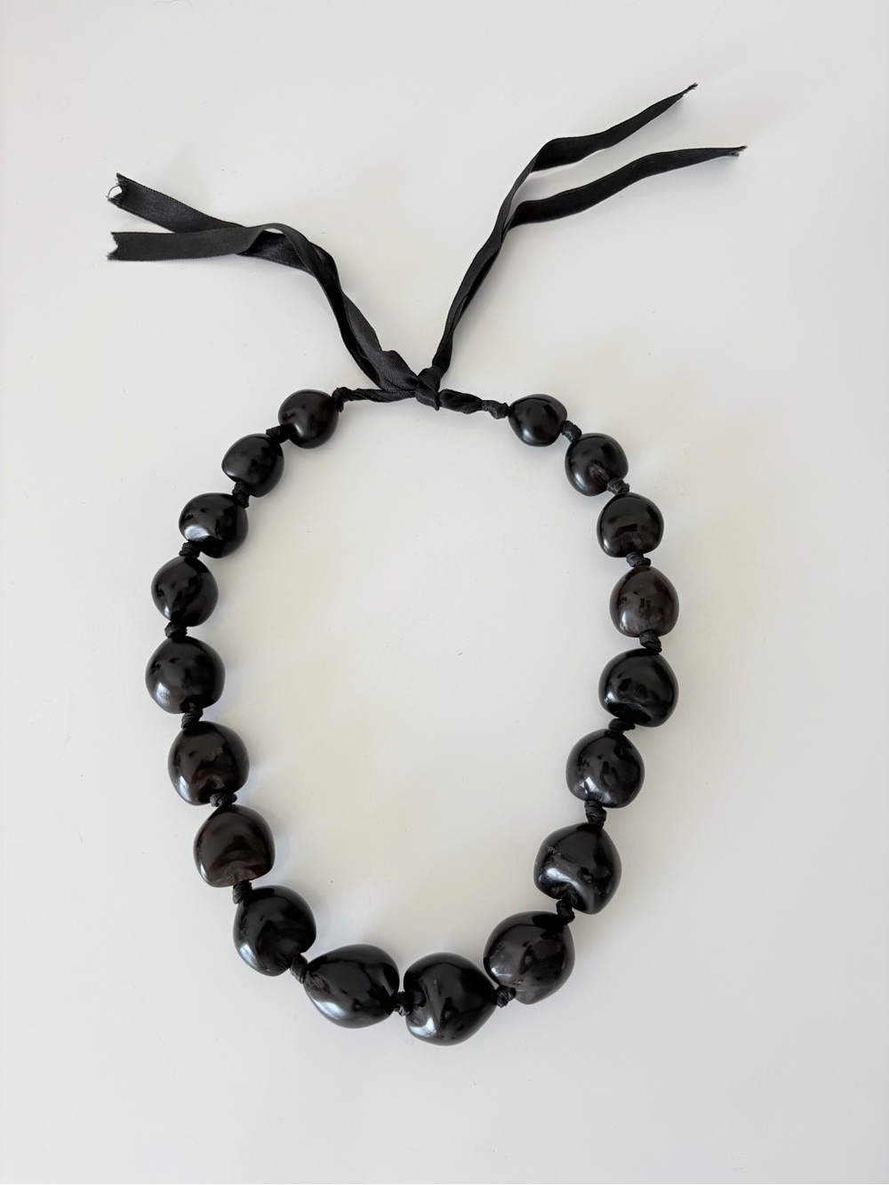 Hawaiian Lacquered Kukui Nut Lei Necklace Statement Necklace with Ribbon Tie